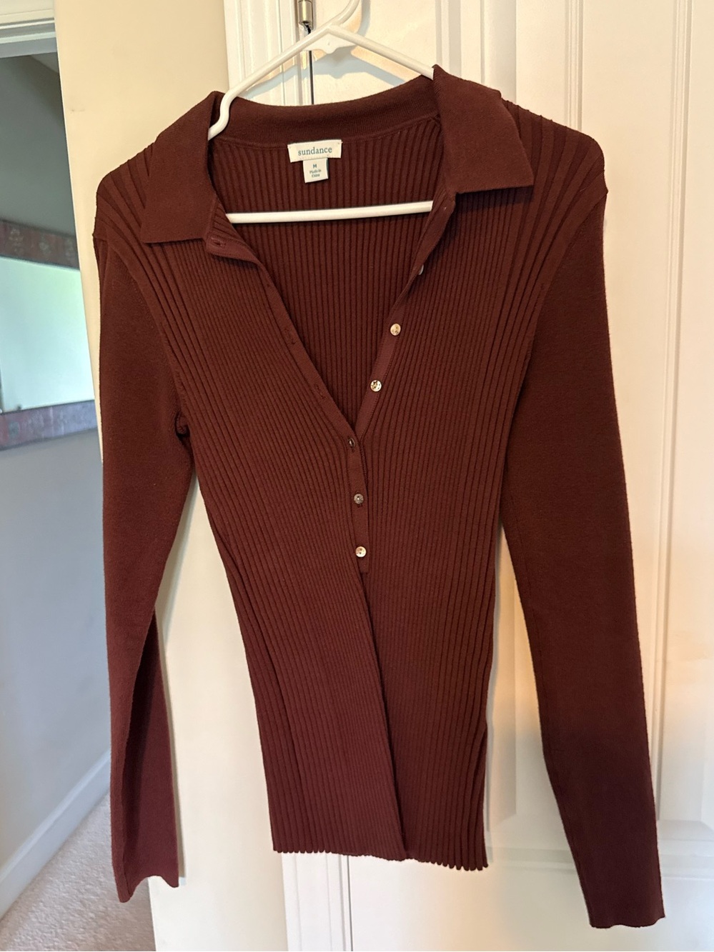 Sundance Brown Ribbed Button-Front Long Sleeve Collared Top